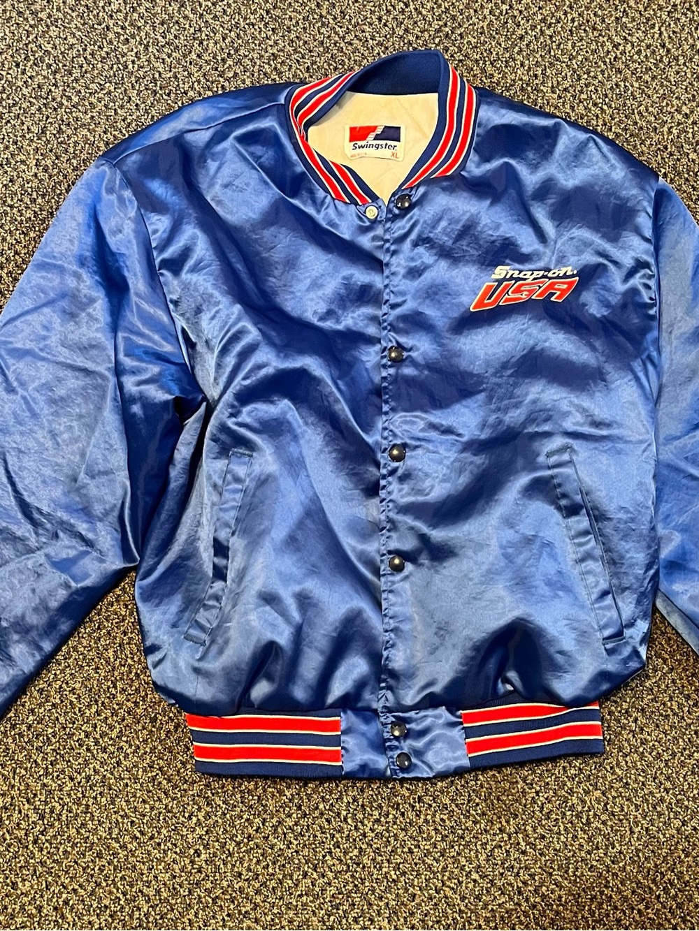 Vintage Snap-on Swingster Blue Satin Bomber Jacket with Snap Closure